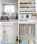 Adjustable No Drill Curtain Rod For Windows And Doors Black Spring Tension Curtain Rod in use in various room settings.