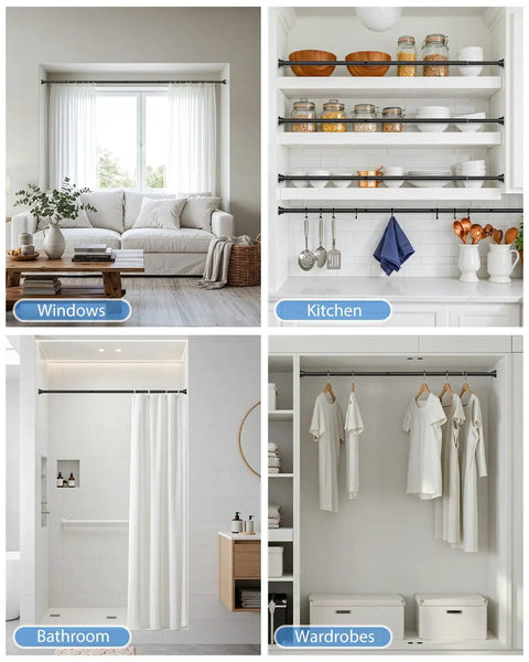 Adjustable No Drill Curtain Rod For Windows And Doors Black Spring Tension Curtain Rod in use in various room settings.