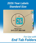 Holographic Aqua 2026 Year Labels For End Tab File Folders With Heavy Duty Adhesive USA Made Chart Stickers on file folder