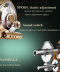 Close-up of Heavy Duty Deep Sea Tuna Reel For Offshore Trolling With Two Speed Gear Ratio showing spool adjustment and gears