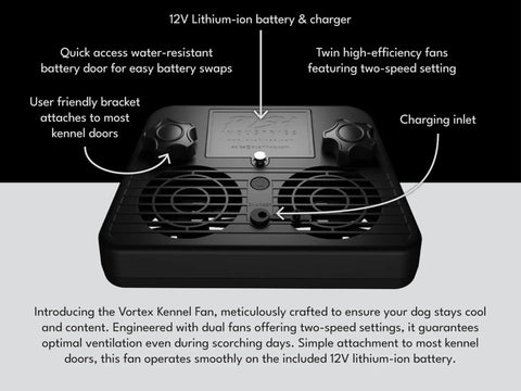 Vortex Kennel and Crate Fan with dual-speed operation, 120V or rechargeable battery. Easy attachment to most crates for pet ventilation.