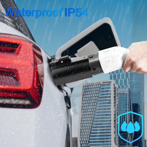 Type 2 To Type 1 EV Charging Adapter With No Sweat Anti Drop Plug Handles 32 Amps And 250V AC in use during rain near a cityscape.