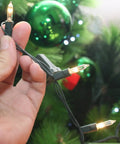 Hand holding Pastel Easter And Christmas String Lights 40Ft Outdoor Indoor Decor With 200 Incandescent Minis in front of green tree