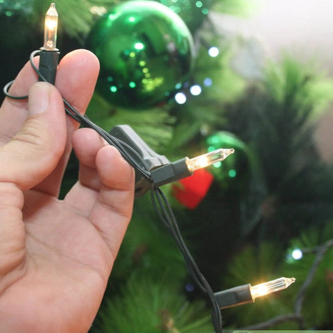 Hand holding Pastel Easter And Christmas String Lights 40Ft Outdoor Indoor Decor With 200 Incandescent Minis in front of green tree