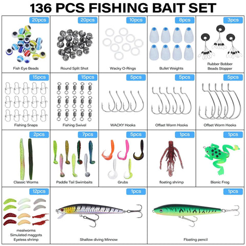136 pcs fishing bait set including eye beads, hooks, grubs, and bionic frog from Go To Fishing Backpack With Tackle Boxes And Rod Holder.