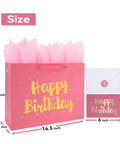 Extra Large Pink Birthday Gift Bag Set With Handles, Greeting Card, Tissue Paper And Stickers, Starry Night Design With Gold Happy Birthday Foil, Perfect For Women, Girls, And Kids, 16.5 Inch Gift Bag showing size dimensions.