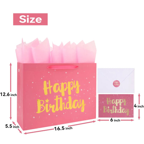 Extra Large Pink Birthday Gift Bag Set With Handles, Greeting Card, Tissue Paper And Stickers, Starry Night Design With Gold Happy Birthday Foil, Perfect For Women, Girls, And Kids, 16.5 Inch Gift Bag showing size dimensions.
