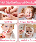 All In One Baby Grooming Kit For Newborns, 14-Piece Infant Safety Care Set showing nail file, finger toothbrush, nasal aspirator, medicine dropper