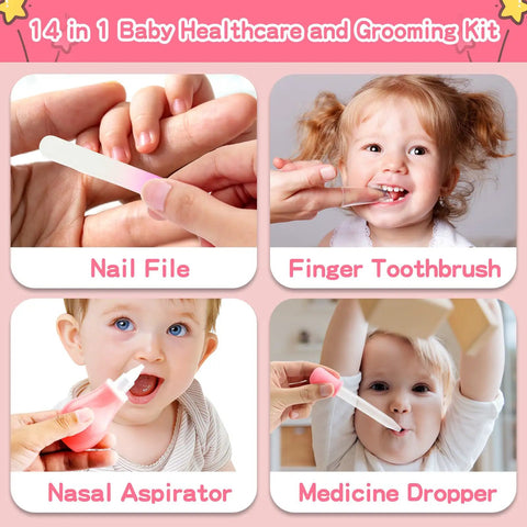 All In One Baby Grooming Kit For Newborns, 14-Piece Infant Safety Care Set showing nail file, finger toothbrush, nasal aspirator, medicine dropper