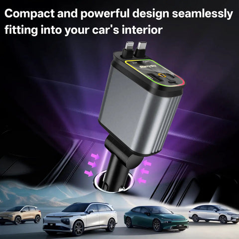 Retractable Car Charger Featuring Hella Easy 4 In 1 Fast Charging Via Usb C And Usb A Ports with a compact design fitting your car's socket.