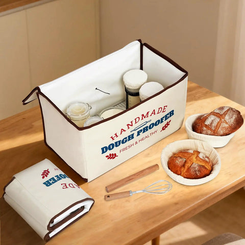 Extra Large Automatic Dough Proofing Box With Plug And Play Temperature Settings And An All Day Timer on a kitchen table with dough.