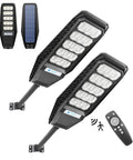 Two Pack 300W Solar Street Light Set With Motion Sensor Dusk To Dawn 15000LM Ultra Bright 6500K White Remote IP65 Waterproof