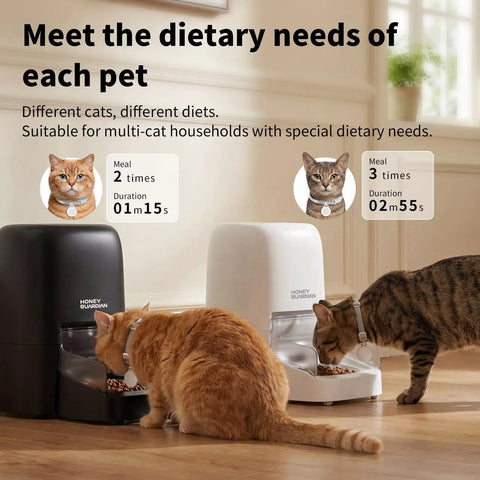 Two cats using RFID Enabled Cat Feeder With Collar Tag And No Fuss App Control, 4.6L Capacity, 5G WiFi Connectivity, Diet Tracking