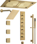 Hit Different Premium Brushed Gold Led Shower System With Bluetooth Speaker And Dual Ceiling Mounts Featuring Rainfall Waterfall And Massage Settings Plus Integrated Body Jets For A Sick Bath Upgrade.