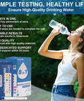 Woman drinking water with 8 In 1 Home Water Testing Kit For Tap And Well Water Detect Lead, pH, Alkalinity, Hardness, Copper, Nitrate, Nitrite, And Chlorine, Includes 5 Independent Bags displayed