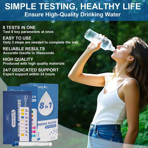 Woman drinking water with 8 In 1 Home Water Testing Kit For Tap And Well Water Detect Lead, pH, Alkalinity, Hardness, Copper, Nitrate, Nitrite, And Chlorine, Includes 5 Independent Bags displayed