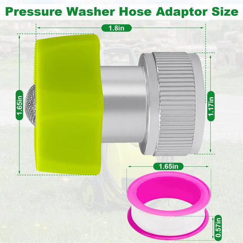 Three Quarter Inch Garden Hose Adapter For Pressure Washer Hoses with tape, universal connector size dimensions shown