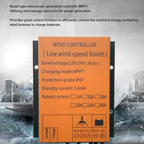 Front view of Top Notch MPPT PWM Wind Turbine Charge Controller 12V and 24V 300W to 1000W, orange label details visible