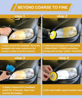 All In One 174 Pcs 3 Inch Sanding Discs Kit used on car headlights for restoration with step-by-step process shown.