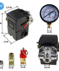 Air Compressor Pressure Switch Control Valve Kit 110V-240V 4 Way Replacement Parts With 0-200 PSI Gauge And Safety Relief Valve