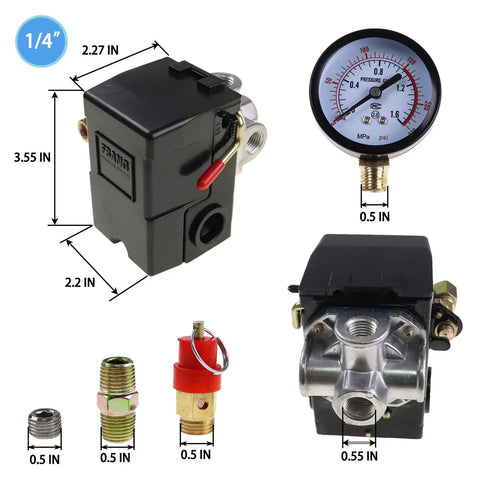 Air Compressor Pressure Switch Control Valve Kit 110V-240V 4 Way Replacement Parts With 0-200 PSI Gauge And Safety Relief Valve
