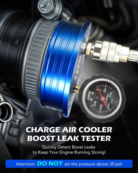 Charge Air Cooler Boost Leak Tester with blue aluminum body, pressure gauge and metal fittings