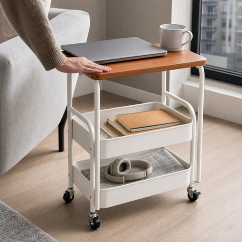 Three Tier Rolling Side Table With Lockable Casters And Spacious Storage Shelves for home organization with laptop and books.