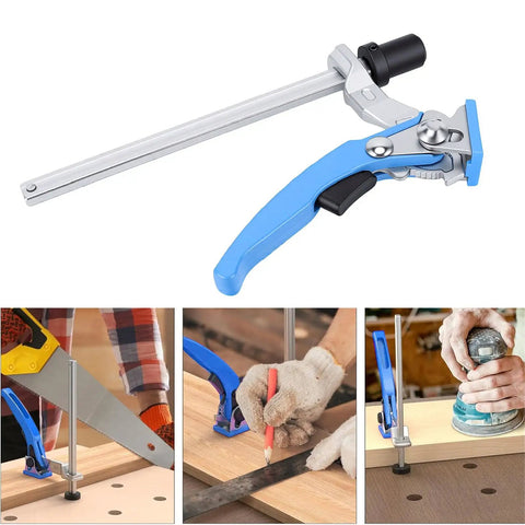 Beast Bench Dog Clamps for MFT tables with quick ratchet mechanism, shown in use for wood carving, routing, and sanding projects.