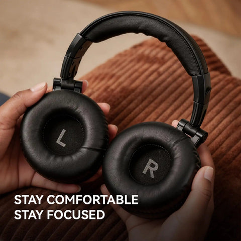 Hands holding wired over ear studio monitoring headphones with 50mm drivers for mixing, DJing and recording, balanced bass, clear vocals.