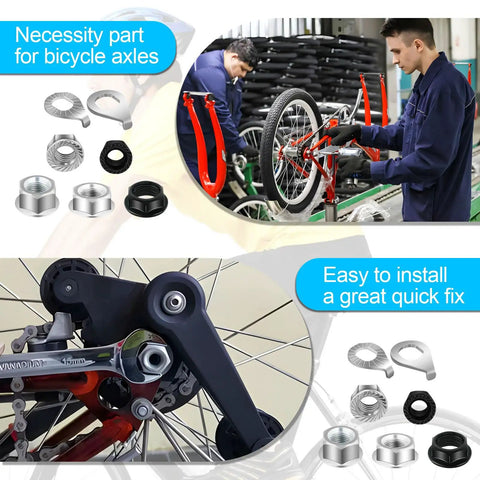 24 Piece Bicycle Nuts And Washers Kit With M8 M9.5 And M10 Sizes for Front And Rear Wheel Axles displayed in usage and details