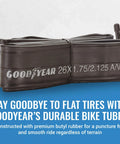 Durable 26 Inch Bike Inner Tube With Butyl Rubber And Schrader Valve For Quick Inflation Easy Installation And Reliable Performance Ride Ready Fits 26 By 1.75 To 2.125 Inch Tires displayed on a blue background with branding.