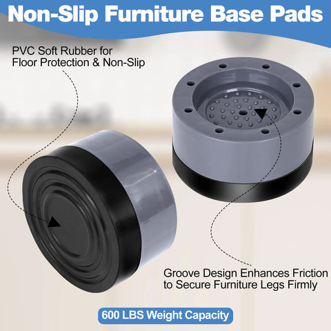 Non-slip furniture base pads with PVC soft rubber, 600 lbs capacity, groove design for secure grip.