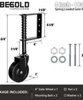 Real Deal Four Inch Spring Loaded Gate Wheel For Outside Wood Fences With Anti Sag Support Roller And Easy Roll Three Sixty Spin Built Tough To Hold Two Hundred Twenty Pounds Stress Free In Matte Black One Piece, shown with measurements and mounting hardware.