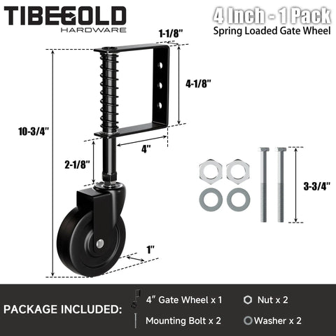Real Deal Four Inch Spring Loaded Gate Wheel For Outside Wood Fences With Anti Sag Support Roller And Easy Roll Three Sixty Spin Built Tough To Hold Two Hundred Twenty Pounds Stress Free In Matte Black One Piece, shown with measurements and mounting hardware.