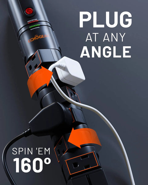 VoltSpin Surge Protector Power Strip With 6 Rotating Outlets Flat Plug displaying angled plug insertion