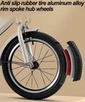 Close-up of front wheel with anti-slip rubber tire, spoke hub on Three Wheel Kids Pedal Tricycle With Back Seat, Belt And Armrests
