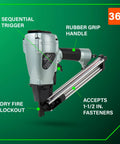 Strap Tite Fastening System Strip Nailer For Wood And Metal Connectors, Pro Preferred Pneumatic Nailer With Thirty Six Degree Magazine, Lightweight At About Four Point Six Pounds, Accepts One And A Half Inch Connector Nails, NR38AK shown with focus on sequential trigger and rubber grip.