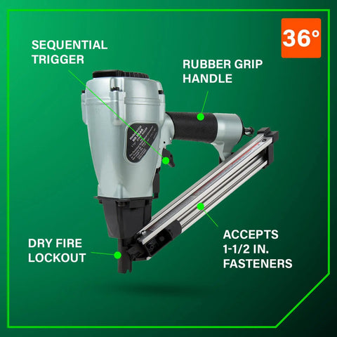 Strap Tite Fastening System Strip Nailer For Wood And Metal Connectors, Pro Preferred Pneumatic Nailer With Thirty Six Degree Magazine, Lightweight At About Four Point Six Pounds, Accepts One And A Half Inch Connector Nails, NR38AK shown with focus on sequential trigger and rubber grip.