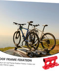 Fork Mount Bracket For Car Roof Racks With Quick Release Easy Install Built Tough And Secure, Ride Ready Bike Carrier Mount For A Wide Range Of Bicycle Models With Wide Compatibility For Rooftop Transport secured on car roof with two bikes.