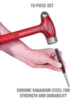 Close-up of a hand holding a hammer and chisel from the 16 Piece Punch And Chisel Set With Pin Punches And Center Punches For Metalwork