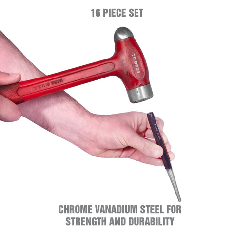 Close-up of a hand holding a hammer and chisel from the 16 Piece Punch And Chisel Set With Pin Punches And Center Punches For Metalwork