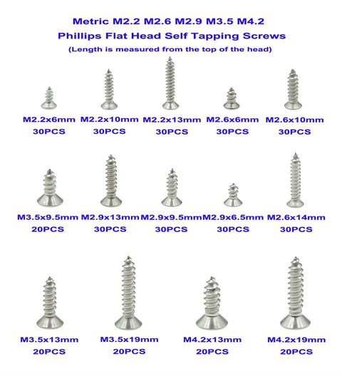 370 Piece Metric 304 Stainless Steel Phillips Flat Head Self Tapping Screws Assortment Kit With M2.2 M2.6 M2.9 M3.5 M4.2 Sizes