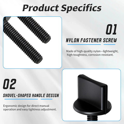 No Sweat Black Nylon Thumb Screws M4 X 35 Millimeter With Full Thread And Four Sturdy Hook Nuts showing nylon fastener screws and shovel-shaped handle design.