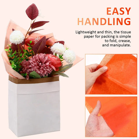 Colorful Tissue Paper Pack 150 Sheets for Gift Wrapping and Crafting with orange sheet used in floral bouquet.