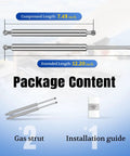 Heavy Duty 12 Inch Stainless Steel Gas Struts showing compressed and extended lengths with installation guide, used for marine lift supports.