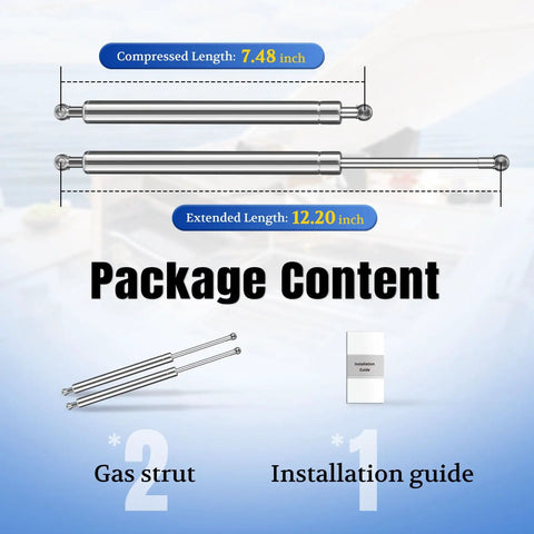 Heavy Duty 12 Inch Stainless Steel Gas Struts showing compressed and extended lengths with installation guide, used for marine lift supports.