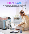 Woman with pet beside 3D printer showing Enclosure Accessories Kit For Adventurer 5M DIY Enclosure Set With Plates And Screws.