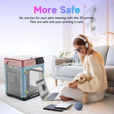 Woman with pet beside 3D printer showing Enclosure Accessories Kit For Adventurer 5M DIY Enclosure Set With Plates And Screws.