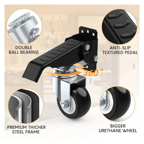 Super Tough Heavy Duty Workbench Caster Wheels Set Of Four With Two Point Five Inch Retractable Side Mount For No Sweat Furniture Moving And Rolls Like A Dream On Any Tile Or Concrete Floor features double ball bearing and anti-slip pedal.