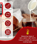 Digital thermometer and coffee with cream, showing features of Six Pack Meat Thermometers With Probes Instant Read Digital Kitchen